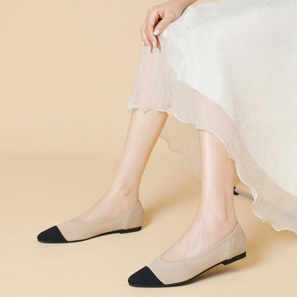 Hapuss Flat Shoes Women Cream Mesh Pointed Toe Knit Ballet Comfortable Shoes - Picture 4 of 7